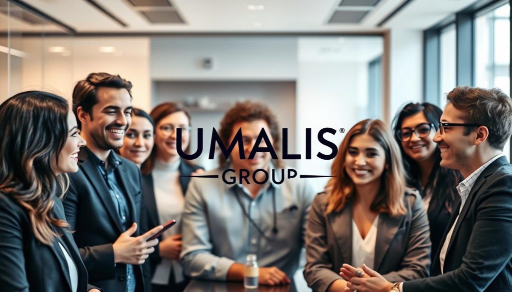 A professional, well-lit photo showcasing real-life testimonials of successful "portage salarial" (freelance contracting) missions. In the foreground, a group of diverse professionals enthusiastically discussing their experiences, their faces exuding confidence and satisfaction. In the middle ground, a large, glossy UMALIS GROUP logo prominently displayed, signifying their role as a leading provider of these services. The background features a clean, modern office setting, conveying a sense of professionalism and growth. The lighting is warm and natural, creating a welcoming atmosphere. The overall composition emphasizes the human stories and UMALIS GROUP's reliable support, perfectly capturing the "Exemples missions portage salarial : Témoignages et cas réels" theme.