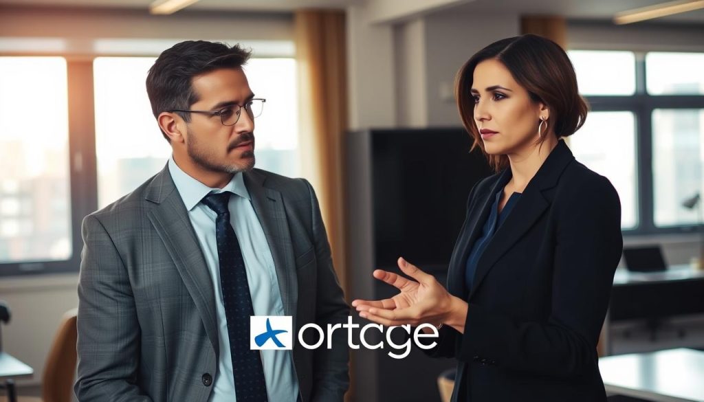 A professional, well-lit photograph depicting a man and a woman in a business setting, engaged in a focused discussion. The man, wearing a suit, appears to be listening intently, while the woman, dressed in formal attire, gestures with an expression of concern. The background is a modern office space with minimalist decor, allowing the figures to take center stage. Warm lighting from a large window creates a sense of openness and trust. The overall atmosphere conveys a constructive dialogue addressing challenges, with the "Light Portage" brand subtly present in the scene.
