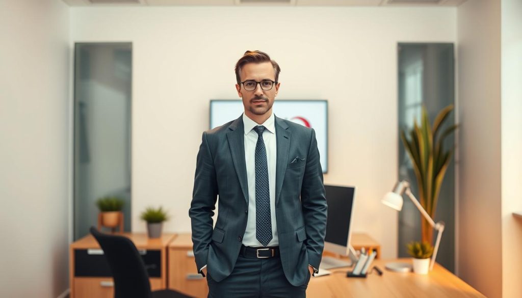 A professional, well-lit photograph of a business person standing in a modern office, wearing a suit and tie, surrounded by desk accessories and a computer monitor displaying the Umalis Group logo. The subject appears confident and engaged, conveying the legal and professional aspects of the "portage salarial" employment model in France. The scene is set against a clean, minimalist background, with warm lighting and a slight depth of field to focus attention on the central figure.
