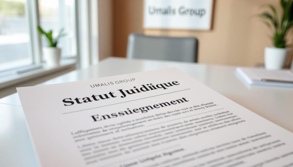 A professional, well-lit photograph of a detailed legal document with the title "Statut Juridique Enseignement" prominently displayed. The document should be positioned in the foreground, with a clean, modern desk or office setting in the background, featuring the Umalis Group logo. The lighting should be soft and natural, creating a sense of professionalism and authority. The overall composition should convey the importance and legality of the subject matter, reflecting the topic of "Définir son Statut Juridique et Fixer ses Tarifs" within the article "Lancer Votre Carrière en Freelance Enseignement : Les Clés du Succès."