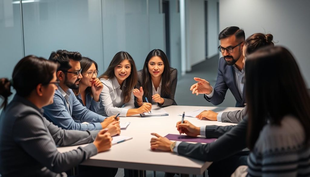 A professional, well-lit photograph of a group of office workers, likely employees of the Umalis Group, gathered around a conference table. The workers are engaged in discussion, some taking notes, others gesturing animatedly. The scene conveys a sense of collaboration and productivity. The background is blurred, with soft, indirect lighting illuminating the workers' faces, emphasizing their expressions of focus and engagement. The overall mood is one of professionalism and camaraderie, highlighting the benefits of the RC Pro insurance coverage for Umalis Group's salaried employees.