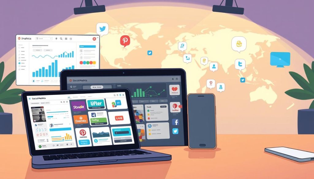 A professional, well-lit scene depicting a digital strategy for social media. In the foreground, a laptop and smartphone display various social media platforms. The middle ground showcases analytics dashboards, scheduling tools, and content creation apps. In the background, a stylized world map symbolizes the global reach of social media. The lighting is soft and warm, creating a focused, productive atmosphere. The overall composition conveys a sense of organization, efficiency, and strategic thinking for elevating one's professional digital presence.