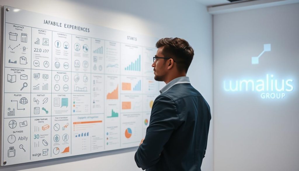 A professional, well-lit scene depicting a person standing in front of a large wall chart or whiteboard, analyzing and examining a series of icons, graphs, and other visual elements representing their professional experiences, skills, and training. The person is focused and engaged, with a thoughtful expression, surrounded by a clean, minimalist office setting. In the background, the Umalis Group logo is discreetly displayed, suggesting the context of career development and skill identification. The overall mood is one of introspection, productivity, and a sense of personal growth.