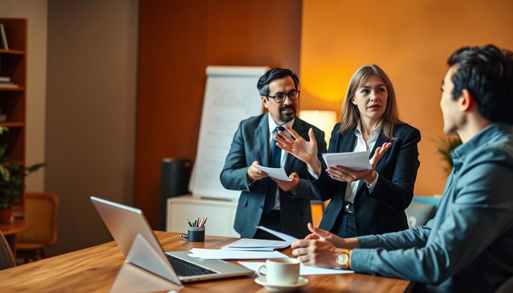 A professional, well-lit scene depicting independent consultants from the Umalis Group providing advisory services to a client. In the foreground, three consultants in formal attire are engaged in an animated discussion, gesturing with their hands and papers. In the middle ground, a desk with a laptop, documents, and a cup of coffee suggest an active work environment. The background features warm, earthy tones, suggesting a cozy, modern office setting. The lighting is soft and natural, highlighting the consultants' focused expressions and creating a sense of professionalism and collaboration. The overall atmosphere conveys the expertise and personalized support that independent consultants from the Umalis Group offer their clients.