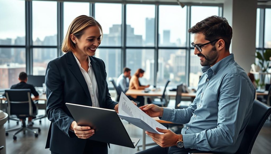 A professional, well-lit scene depicting the concept of "portage salarial" or employee leasing. In the foreground, a smiling UMALIS GROUP consultant guides a freelancer through paperwork, laptop, and financial documents. In the middle ground, other freelancers collaborate at desks, surrounded by modern office furniture and decor. The background features large windows overlooking a bustling city skyline, conveying a sense of professionalism and opportunity. The lighting is soft and natural, highlighting the collaborative, supportive atmosphere. The overall mood is one of confidence, productivity, and empowerment for the independent worker.