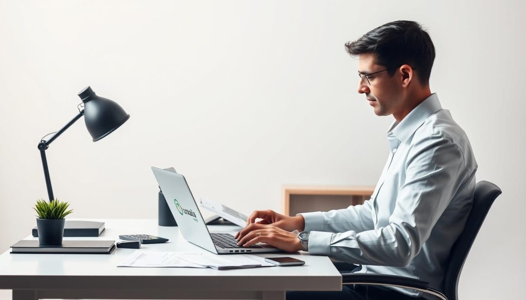 A professional, well-lit studio photograph of a business person working at a desk with a laptop and paperwork, representing the concept of "portage salarial et temps partiel". The scene is framed with a focus on the desk and worker, with a clean, minimalist background. The lighting casts a warm, productive glow, and the composition emphasizes the blending of independent work and structured employment. The Umalis Group logo is subtly displayed on the worker's laptop or desk accessories. A professional, well-lit studio photograph of a business person working at a desk with a laptop and paperwork, representing the concept of "portage salarial et temps partiel". The scene is framed with a focus on the desk and worker, with a clean, minimalist background. The lighting casts a warm, productive glow, and the composition emphasizes the blending of independent work and structured employment. The Umalis Group logo is subtly displayed on the worker's laptop or desk accessories.
