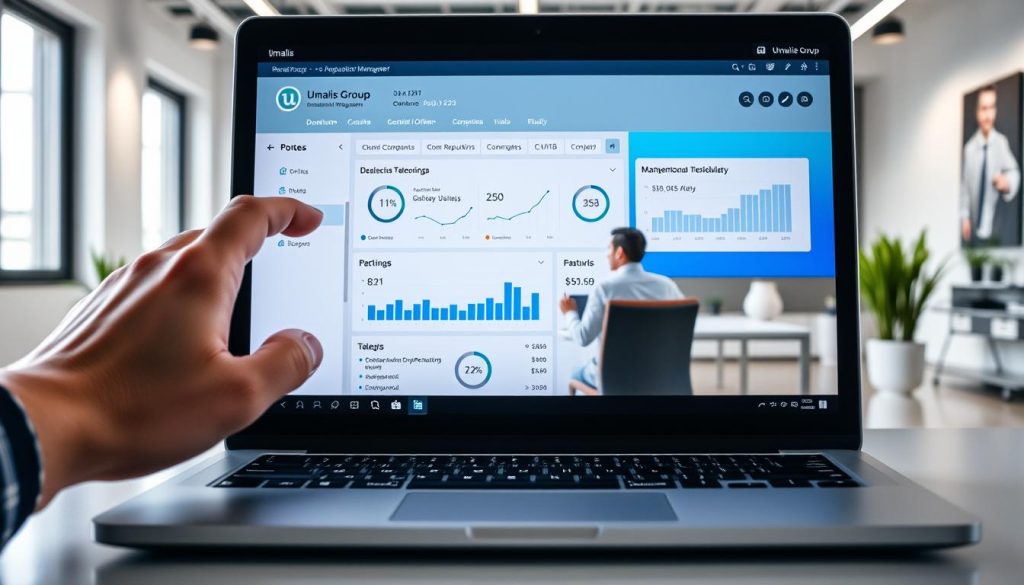 A professional, well-lit studio scene depicting a laptop screen displaying an online reputation management dashboard for the Umalis Group. The foreground shows a hand navigating the dashboard, with metrics and analytics displayed prominently. The middle ground features a person sitting at a desk, intently studying the screen. The background has a clean, minimalist office setting with potted plants and modern decor, conveying a sense of focus and productivity. The overall mood is one of careful analysis and strategic decision-making around the company's online presence and brand image. A professional, well-lit studio scene depicting a laptop screen displaying an online reputation management dashboard for the Umalis Group. The foreground shows a hand navigating the dashboard, with metrics and analytics displayed prominently. The middle ground features a person sitting at a desk, intently studying the screen. The background has a clean, minimalist office setting with potted plants and modern decor, conveying a sense of focus and productivity. The overall mood is one of careful analysis and strategic decision-making around the company's online presence and brand image.