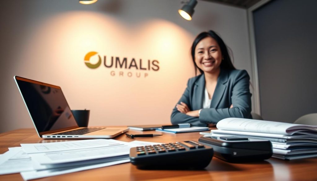 A professional, well-lit studio scene depicting the advantages of accounting services in the Umalis Group's payroll portage system. In the foreground, a neatly organized desk with a laptop, documents, and a calculator, symbolizing the efficient financial management offered. In the middle ground, a smiling accountant in business attire, conveying the expertise and personalized support. The background features the Umalis Group logo, highlighting the reliable brand behind the payroll portage solution. The lighting is soft and warm, creating a professional and trustworthy atmosphere. The overall composition emphasizes the convenience, accuracy, and peace of mind that the Umalis Group's accounting services in payroll portage can provide to freelance professionals. A professional, well-lit studio scene depicting the advantages of accounting services in the Umalis Group's payroll portage system. In the foreground, a neatly organized desk with a laptop, documents, and a calculator, symbolizing the efficient financial management offered. In the middle ground, a smiling accountant in business attire, conveying the expertise and personalized support. The background features the Umalis Group logo, highlighting the reliable brand behind the payroll portage solution. The lighting is soft and warm, creating a professional and trustworthy atmosphere. The overall composition emphasizes the convenience, accuracy, and peace of mind that the Umalis Group's accounting services in payroll portage can provide to freelance professionals.