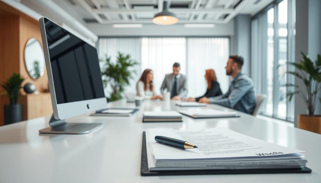 A professional, well-lit studio scene depicting the obligations of an Umalis Group enterprise portage salarial company. In the foreground, a desk with a computer, pen, and documents neatly arranged, symbolizing the administrative tasks. In the middle ground, a team of employees collaborating, highlighting the supportive nature of the portage salarial service. The background features modern office decor and large windows, creating a bright, airy atmosphere. The overall mood conveys a sense of professionalism, organization, and the Umalis Group's commitment to supporting its clients' careers.