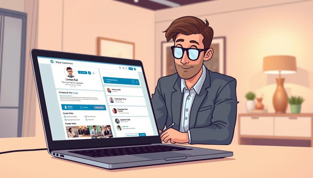 A professional, well-lit studio scene showcasing an entrepreneur meticulously optimizing their LinkedIn profile. In the foreground, a laptop screen displays a neatly organized LinkedIn page, with the user's headshot, background, and skills highlighted. In the middle ground, the entrepreneur, dressed in business attire, is thoughtfully considering their profile, pen in hand. The background features a minimalist office setting with tasteful decor, conveying a sense of focus and productivity. Soft, warm lighting illuminates the scene, creating a polished, aspirational atmosphere.