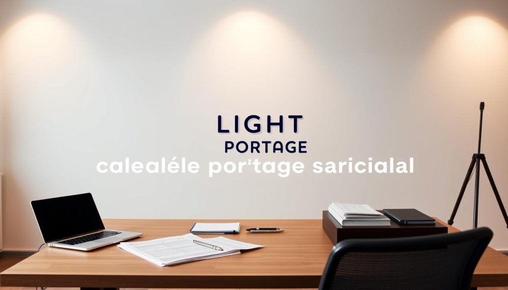 A professional, well-lit studio setting featuring a neatly organized desk with a laptop, some papers, and the LIGHT PORTAGE logo prominently displayed. The background is a clean, minimalist wall, with subtle lighting that casts a warm, inviting glow. The overall composition conveys a sense of professionalism, legality, and the flexibility of the "cadre légal portage salarial" concept. The image should clearly communicate the subject matter and section title without any overlaid text.