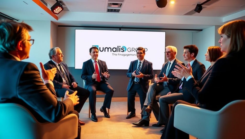 A professional, well-lit studio setting featuring several people in business attire engaged in a lively discussion. Warm, natural lighting illuminates their faces as they gesture animatedly, capturing the essence of expert testimonials on management transitions. In the background, the Umalis Group logo is prominently displayed, indicating the expertise and authority of the individuals present. The overall atmosphere conveys a sense of credibility, experience, and thoughtful discourse around the ethical challenges of transitional leadership. A professional, well-lit studio setting featuring several people in business attire engaged in a lively discussion. Warm, natural lighting illuminates their faces as they gesture animatedly, capturing the essence of expert testimonials on management transitions. In the background, the Umalis Group logo is prominently displayed, indicating the expertise and authority of the individuals present. The overall atmosphere conveys a sense of credibility, experience, and thoughtful discourse around the ethical challenges of transitional leadership.