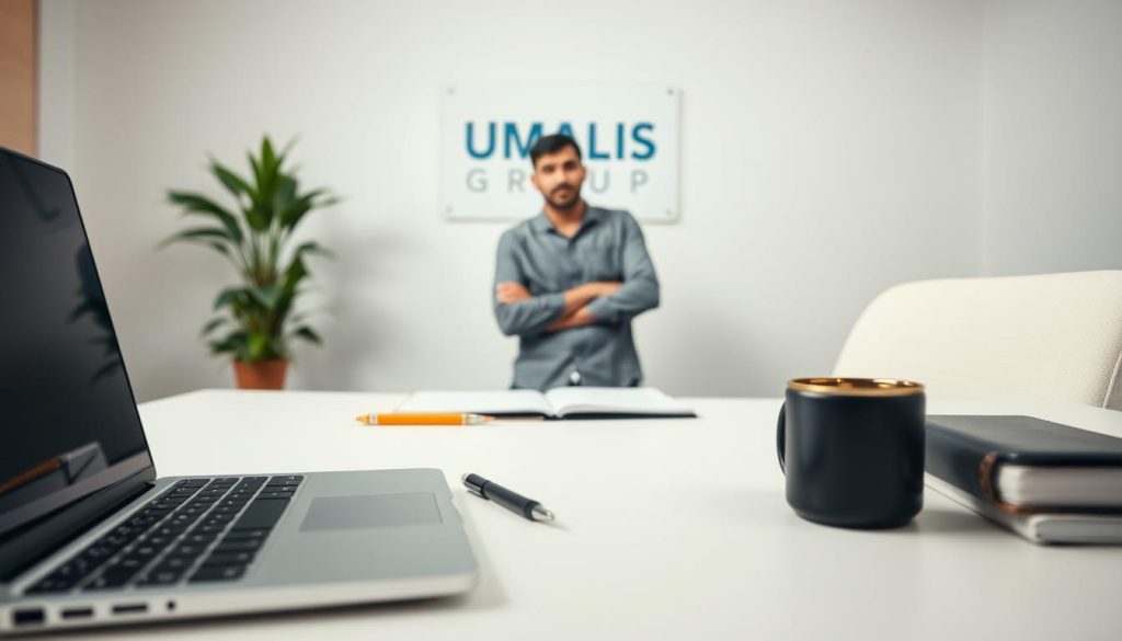 A professional, well-lit studio shot of a freelance worker's legal status, showcasing a clean, minimalist aesthetic. In the foreground, a desk with a laptop, pen, and notebook, symbolizing the independent nature of freelance work. The middle ground features a person in a casual yet professional outfit, hands on the desk, conveying confidence and focus. The background has a UMALIS GROUP logo, subtly indicating the resources and support available for freelancers. The lighting is soft and diffused, creating a warm, inviting atmosphere. The overall composition emphasizes the key elements of freelance work: independence, professionalism, and the UMALIS GROUP brand as a trusted partner.
