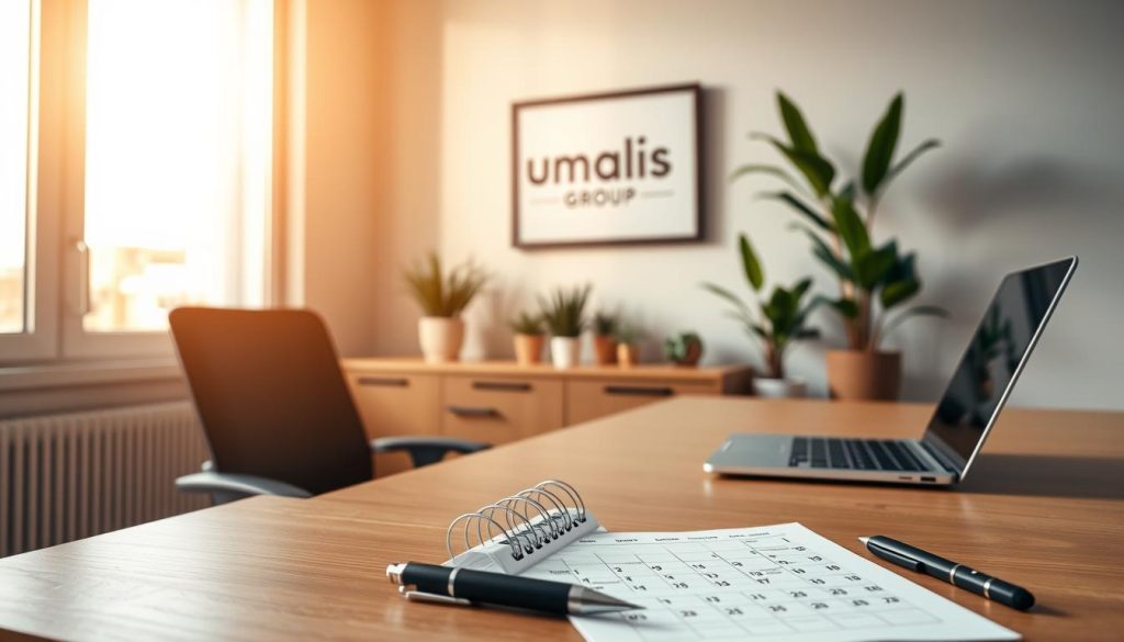A professional, well-organized office setting with a desk, ergonomic chair, and a laptop computer. Warm, natural lighting filters in through large windows, casting a cozy, productive atmosphere. In the foreground, a calendar and a pen lie on the desk, symbolizing the act of planning vacations. In the middle ground, a framed "Umalis Group" logo hangs on the wall, indicating the context of a salaried employment arrangement. The background showcases a minimalist, modern decor with potted plants, adding a touch of greenery and serenity. The overall scene conveys a sense of calm, organized, and thoughtful vacation planning for a salaried employee.