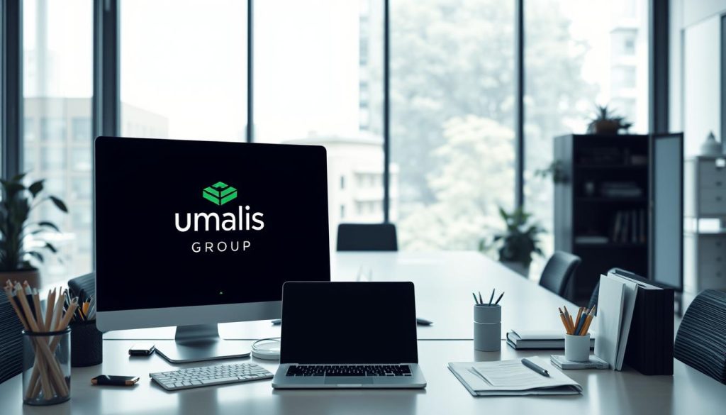 A professional, well-organized office setting with a modern, minimalist aesthetic. In the foreground, a computer monitor displays the Umalis Group logo, surrounded by neatly arranged office supplies. In the middle ground, a desk with a laptop, papers, and a pen holder. The background features floor-to-ceiling windows, allowing natural light to flood the space and creating a sense of openness and transparency. The lighting is soft and diffused, creating a calming, productive atmosphere. The overall composition conveys the role and obligations of the Umalis Group, a professional portage salarial enterprise, in managing the activities and accounts of its clients.