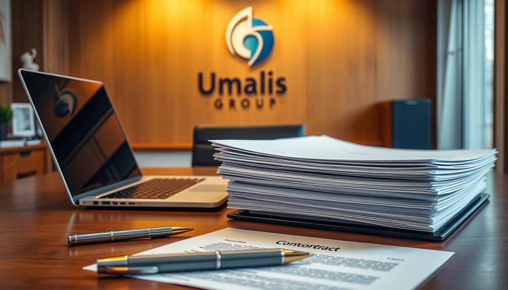 A professional, well-organized office setting with a wooden desk, a laptop, a pen, and a stack of documents representing a work contract. Warm, focused lighting illuminates the scene, creating a productive and secure atmosphere. In the background, the Umalis Group logo is prominently displayed, conveying a sense of professionalism and trust. The overall composition emphasizes the importance of carefully drafting and securing a work contract, reflecting the article's subject and section title.