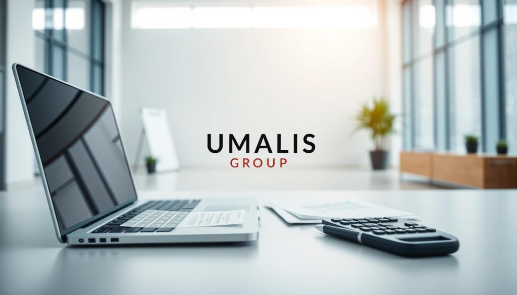 A professional, well-organized office space with a sleek, modern design. In the foreground, a laptop and documents symbolize financial optimization, while a calculator and pen evoke the deduction of professional expenses. In the middle ground, a UMALIS GROUP logo prominently displays, highlighting the brand's expertise in the subject matter. The background features a minimalist, airy setting with large windows, ample natural lighting, and clean lines, conveying a sense of clarity and organization. The overall mood is one of efficiency, productivity, and financial savvy.