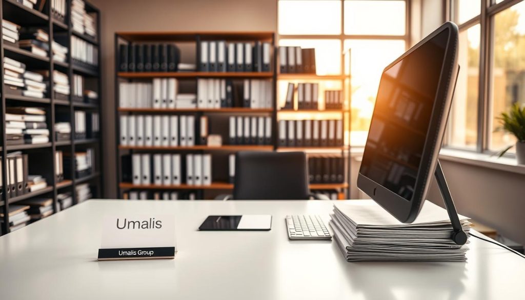 A professional, well-organized office space with an administrative assistant's desk at the center. The desk features a sleek, modern computer setup, a stack of folders, and a nameplate that reads "Umalis Group". In the middle ground, shelves filled with neatly organized binders and documents line the walls, creating a sense of efficiency and organization. The background is softly lit, with warm, natural lighting filtering in through large windows, conveying a calm and productive atmosphere. The overall scene exudes a sense of professionalism, attention to detail, and the expertise of the Umalis Group's administrative services.