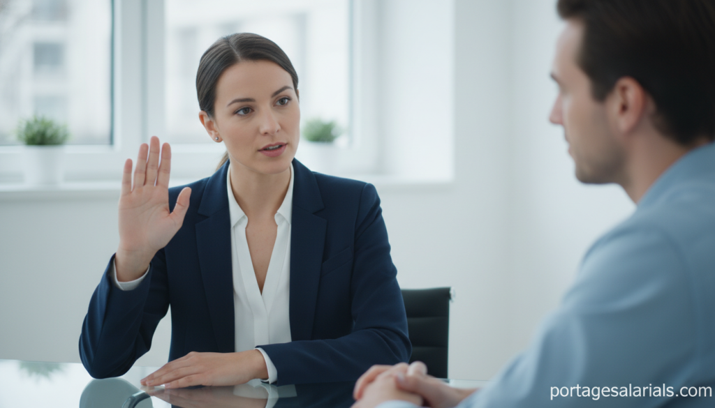 A professional woman in a modern office setting firmly yet calmly placing her hand up in a "stop" gesture while speaking to a client across a sleek glass desk. The foreground highlights her confident expression and body language, dressed in a tailored navy blazer and white blouse, symbolizing assertiveness. In the middle ground, the client appears receptive, reflecting a constructive conversation. The background features a minimalist office with soft natural light filtering through a large window, creating an atmosphere of clarity and professionalism. The color palette consists of soft blues and whites, creating a serene yet empowering mood. The composition captures the essence of setting boundaries in a business context, while subtly showcasing the website "portagesalarials.com" in the lower corner.