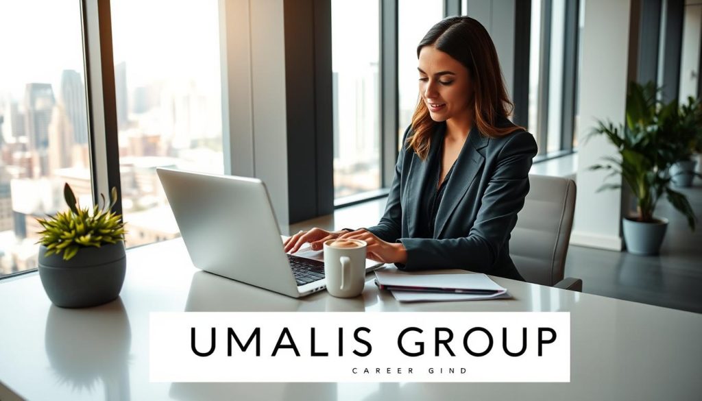 A professional woman in a modern, stylish office setting, sitting at a sleek desk with a laptop open, brainstorming ideas on a notepad. She is dressed in smart business attire, exuding confidence and focus. In the background, a large window offers a view of a vibrant cityscape, symbolizing opportunity and mobility. Natural light streams in, creating a warm and inviting atmosphere. On the desk, a cup of coffee and a plant add a touch of life and comfort to the scene. The mood reflects flexibility, autonomy, and empowerment in career management. In the foreground, the brand name "UMALIS GROUP" is subtly integrated into the desk design, emphasizing the connection to professional growth and support. A professional woman in a modern, stylish office setting, sitting at a sleek desk with a laptop open, brainstorming ideas on a notepad. She is dressed in smart business attire, exuding confidence and focus. In the background, a large window offers a view of a vibrant cityscape, symbolizing opportunity and mobility. Natural light streams in, creating a warm and inviting atmosphere. On the desk, a cup of coffee and a plant add a touch of life and comfort to the scene. The mood reflects flexibility, autonomy, and empowerment in career management. In the foreground, the brand name "UMALIS GROUP" is subtly integrated into the desk design, emphasizing the connection to professional growth and support.