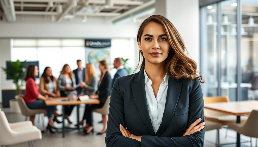 A professional woman in a smart business suit stands confidently in the foreground, her expression determined as she leads a team of diverse colleagues in a collaborative work session. In the middle ground, a group of people of varying ages and backgrounds engage in discussion, their body language reflecting an atmosphere of progress and opportunity. The background showcases the Umalis Group's modern office space, filled with sleek furniture, natural light, and a sense of innovation. The overall scene conveys the idea of women thriving in management transition roles, driving positive change and growth within the organization. A professional woman in a smart business suit stands confidently in the foreground, her expression determined as she leads a team of diverse colleagues in a collaborative work session. In the middle ground, a group of people of varying ages and backgrounds engage in discussion, their body language reflecting an atmosphere of progress and opportunity. The background showcases the Umalis Group's modern office space, filled with sleek furniture, natural light, and a sense of innovation. The overall scene conveys the idea of women thriving in management transition roles, driving positive change and growth within the organization.