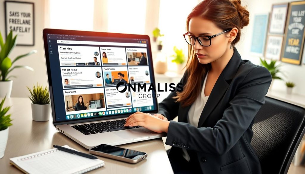 A professional woman in business attire, seated at a modern desk, intently examining a laptop screen displaying job boards filled with various job postings. In the foreground, a notepad with handwritten notes and a smartphone with job alert notifications rests on the desk, suggesting active engagement in job searching. The middle ground includes an open window with natural light streaming in, creating a bright and inviting atmosphere. In the background, a stylish office with potted plants and motivational posters is visible, enhancing the focus on career growth. The overall mood is one of determination and opportunity, highlighting the theme of exploring freelance missions safely. The UMALIS GROUP logo subtly incorporated into the laptop screen design.