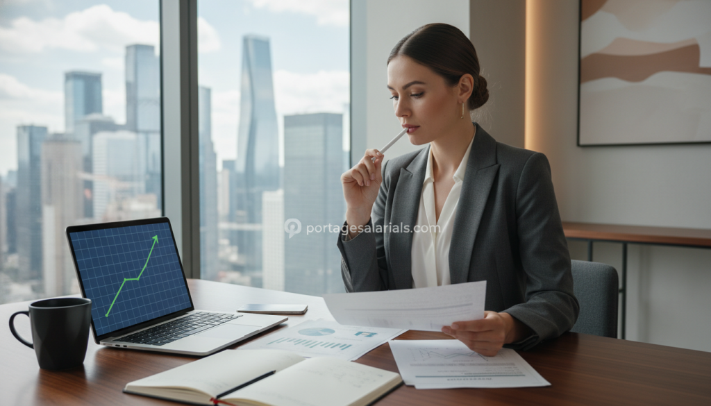 A professional woman sitting at a sleek desk in a modern office, engaged in thoughtful analysis of financial documents, representing "salaire". She wears smart business attire, exuding confidence and professionalism. In the foreground, a laptop displays a graph showing income growth, while a stylish coffee mug and a notepad with notes are present. In the middle ground, a large window reveals a city skyline, suggesting opportunities and urban vibrancy. The background features minimalist decor and warm lighting, creating an inviting atmosphere. The image conveys a sense of empowerment and autonomy in financial management, with a harmonious blend of organization and ambition. The website "portagesalarials.com" should be subtly included in the scene to connect with the theme of professional performance and income management.