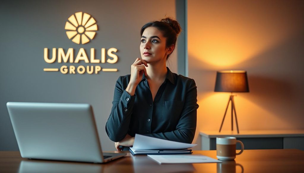 A professional woman standing at a desk, deep in thought, as she prepares for her next freelance mission. The scene is bathed in warm, focused lighting, highlighting her confident expression and the UMALIS GROUP logo on the wall behind her. The desk is neatly organized, with a laptop, documents, and a mug of coffee, creating a productive and focused atmosphere. The background is slightly blurred, drawing the viewer's attention to the woman's face and the task at hand, reflecting the "Préparer sa mission et définir ses objectifs professionnels" section of the article.