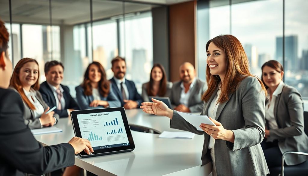 A professional working environment featuring a confident, diverse group of individuals in business attire, gathered around a sleek conference table. In the foreground, a woman with long brown hair is passionately presenting on a digital tablet, showcasing information on "Rôle et obligations du salarié porté" with graphs and charts visible on the screen. The middle ground includes engaged colleagues, a mix of ethnicities, actively listening and taking notes, reflecting teamwork and collaboration. The background displays glass walls with a city skyline, indicating a modern office atmosphere, bathed in soft, natural lighting for a warm feel. The overall mood is motivational and purposeful, emphasizing independence and professionalism in the context of "UMALIS GROUP".