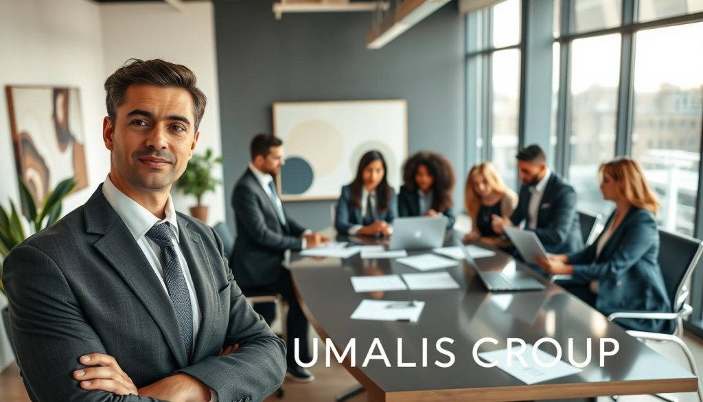 A professional working environment featuring a diverse group of business professionals engaged in a collaborative discussion. In the foreground, a confident individual in smart business attire, discussing strategies with a focused expression. In the middle, a sleek conference table surrounded by colleagues, representing diverse cultures, all dressed in professional attire, with documents and laptops open, actively participating in the conversation. The background depicts a modern office space with large windows allowing natural light to flood in, creating an inviting atmosphere. Subtle decorations such as a potted plant and abstract art add sophistication. The mood is dynamic and professional, emphasizing collaboration and expertise in human resources. Ensure the branding "UMALIS GROUP" is subtly integrated into the scene, enhancing its corporate identity.