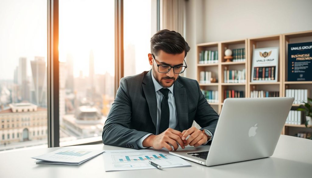 A professional working environment featuring an independent contractor in a well-lit office. The foreground showcases a focused individual, dressed in smart business attire, studying documents on a desk. They have a laptop open, displaying charts and graphs related to business eligibility and compatibility assessment. In the middle ground, a large window offers a view of a bustling cityscape, symbolizing the dynamic world of freelancing. Soft, natural lighting streams through the glass, creating a calm yet productive atmosphere. The background hints at bookshelves filled with resources on freelancing and the logo of "UMALIS GROUP" subtly placed on a poster. The overall mood is one of determination and clarity, illustrating the importance of evaluating one's professional status. A professional working environment featuring an independent contractor in a well-lit office. The foreground showcases a focused individual, dressed in smart business attire, studying documents on a desk. They have a laptop open, displaying charts and graphs related to business eligibility and compatibility assessment. In the middle ground, a large window offers a view of a bustling cityscape, symbolizing the dynamic world of freelancing. Soft, natural lighting streams through the glass, creating a calm yet productive atmosphere. The background hints at bookshelves filled with resources on freelancing and the logo of "UMALIS GROUP" subtly placed on a poster. The overall mood is one of determination and clarity, illustrating the importance of evaluating one's professional status.