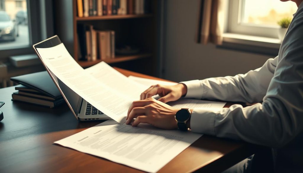 A professional working on a laptop, surrounded by legal documents, drafting a professional services agreement for the Umalis Group. The desk is illuminated by a warm, focused light, casting subtle shadows and highlighting the details of the paperwork. In the background, a bookshelf and a window provide a sense of depth and context. The overall mood is one of focused concentration and diligence, reflecting the importance of carefully crafting the legal clauses that will protect the freelancer's career.