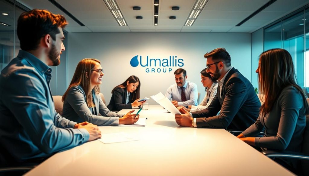 A professional working setting with a team of colleagues discussing business strategies, seated around a modern conference table. The lighting is bright and warm, creating a focused and productive atmosphere. In the foreground, two people are engaged in a lively conversation, their body language indicating an exchange of practical advice. In the middle ground, another group reviews documents, their expressions thoughtful and attentive. In the background, the Umalis Group logo is prominently displayed on the wall, signifying the corporate branding and context. The overall scene conveys a sense of collaboration, problem-solving, and the sharing of valuable professional insights.