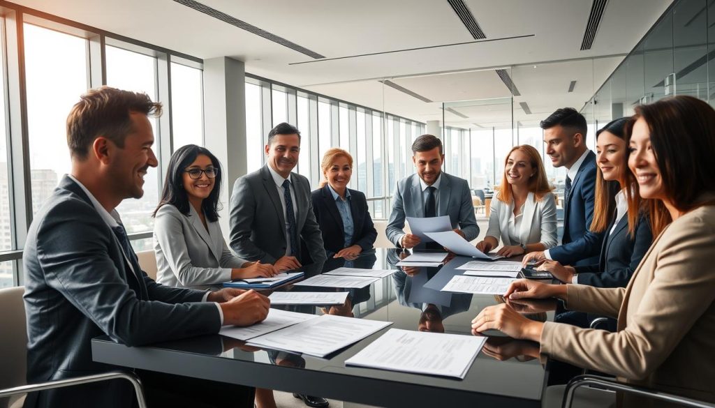 A professional workplace environment illustrating the concept of "fondements portage salarial." In the foreground, a diverse group of professionals in business attire, engaged in a collaborative discussion around a modern conference table, with papers and digital devices representing international contracts. In the middle ground, an elegant office interior characterized by large windows letting in soft, natural light, showcasing an urban skyline in the background. The atmosphere is focused and dynamic, emphasizing teamwork and innovative solutions. Use a wide-angle lens effect to capture the depth of the scene, ensuring all elements are vibrant and engaging, reflecting the professionalism of UMALIS GROUP. Soft lighting highlights the faces of the individuals, creating a warm and inviting mood.