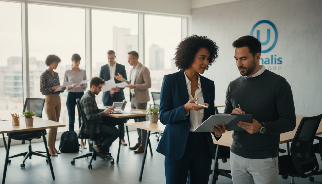 A professional workplace scene showcasing diverse individuals suited for "portage salarial" roles. In the foreground, a confident woman in business attire is engaged in a discussion with a man in a smart casual outfit, both appearing focused and collaborative. In the middle, a diverse group of professionals with laptops and documents, demonstrating different profiles such as freelancers and consultants. The background features a modern office environment with large windows letting in soft, natural light, enhancing the productive atmosphere. The composition conveys flexibility and professionalism, highlighting the benefits of "portage salarial". Create a clean and cohesive image that reflects the essence of adaptability in the workforce. Include a subtle branding element of "Umalis Group" in the background as a logo on a wall.
