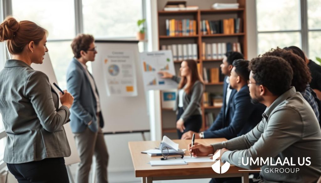 A professional workshop setting focused on career insertion, featuring a diverse group of individuals engaged in a collaborative training session. In the foreground, a woman in business attire writes on a whiteboard, while a man in smart casual clothing takes notes at a table. The middle ground shows a facilitator guiding the group, pointing at visual aids that depict career pathways. The background includes a shelf with books and resources on professional development. Soft, natural lighting streams in from large windows, creating a welcoming atmosphere. The overall mood is supportive and dynamic, highlighting the importance of professional training and networking in fostering career stability. The image subtly incorporates the brand name "UMALIS GROUP" in the design elements. A professional workshop setting focused on career insertion, featuring a diverse group of individuals engaged in a collaborative training session. In the foreground, a woman in business attire writes on a whiteboard, while a man in smart casual clothing takes notes at a table. The middle ground shows a facilitator guiding the group, pointing at visual aids that depict career pathways. The background includes a shelf with books and resources on professional development. Soft, natural lighting streams in from large windows, creating a welcoming atmosphere. The overall mood is supportive and dynamic, highlighting the importance of professional training and networking in fostering career stability. The image subtly incorporates the brand name "UMALIS GROUP" in the design elements.