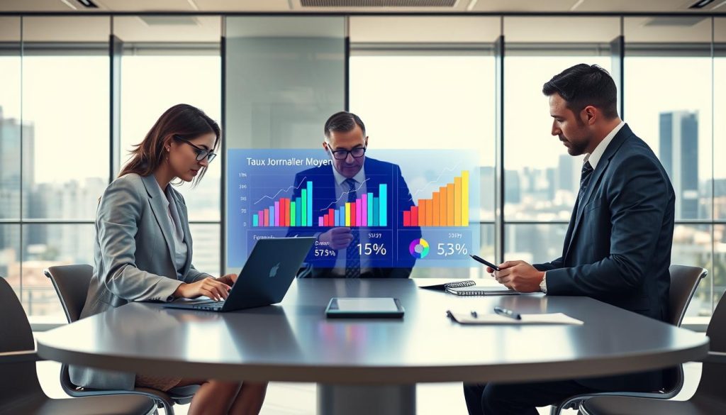 A professional workspace centered around a modern conference table. In the foreground, a diverse group of three individuals in smart business attire are engaged in a discussion: a woman with glasses pointing to a laptop, a man analyzing charts, and another individual taking notes. In the middle, a digital display projects colorful graphs and figures representing the "Taux Journalier Moyen" calculations, emanating a soft glow. The background features glass walls with a city skyline view, showcasing a bright and sunny day, creating an atmosphere of collaboration and insight. The lighting is bright and even, capturing the professionalism and seriousness of the subject matter, with a slight lens blur in the background for depth. Overall, the mood is focused and analytical, conveying the importance of TJM in salary simulation. A professional workspace centered around a modern conference table. In the foreground, a diverse group of three individuals in smart business attire are engaged in a discussion: a woman with glasses pointing to a laptop, a man analyzing charts, and another individual taking notes. In the middle, a digital display projects colorful graphs and figures representing the "Taux Journalier Moyen" calculations, emanating a soft glow. The background features glass walls with a city skyline view, showcasing a bright and sunny day, creating an atmosphere of collaboration and insight. The lighting is bright and even, capturing the professionalism and seriousness of the subject matter, with a slight lens blur in the background for depth. Overall, the mood is focused and analytical, conveying the importance of TJM in salary simulation.