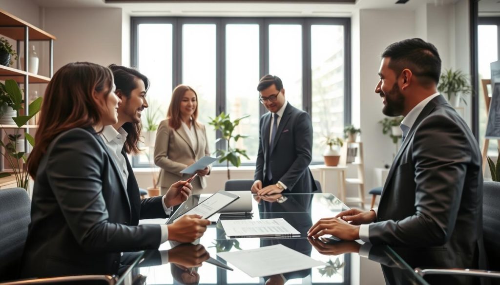A professional workspace depicting a business meeting about sick leave procedures in portage salarial. In the foreground, a diverse group of three people in business attire are engaged in discussion, one holding a tablet displaying relevant documents. In the middle, a glass table with papers and a laptop is set, surrounded by modern office decor such as plants and bookshelves. In the background, large windows allowing natural light to flood the room, creating a bright and inviting atmosphere. The scene should evoke a sense of professionalism, support, and teamwork. Include subtle branding elements related to "UMALIS GROUP" in the environment. The angle is slightly elevated to capture the dynamics of the conversation effectively.