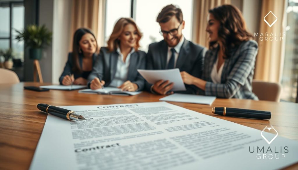 A professional workspace depicting a detailed "contrat de travail portage salarial". In the foreground, an elegantly designed contract sits on a polished wooden desk, its pages filled with professional language, alongside a stylish fountain pen ready for signing. In the middle ground, a diverse group of three individuals in business attire engage in a spirited discussion, reviewing the contract with serious expressions, embodying a collaborative atmosphere. In the background, soft natural light filters through a large window, creating a warm and inviting ambiance that highlights the importance of the document. Include a subtle logo of "UMALIS GROUP" in the corner of the image, emphasizing professionalism and security for independent workers. The overall mood is focused, reassuring, and conducive to business.