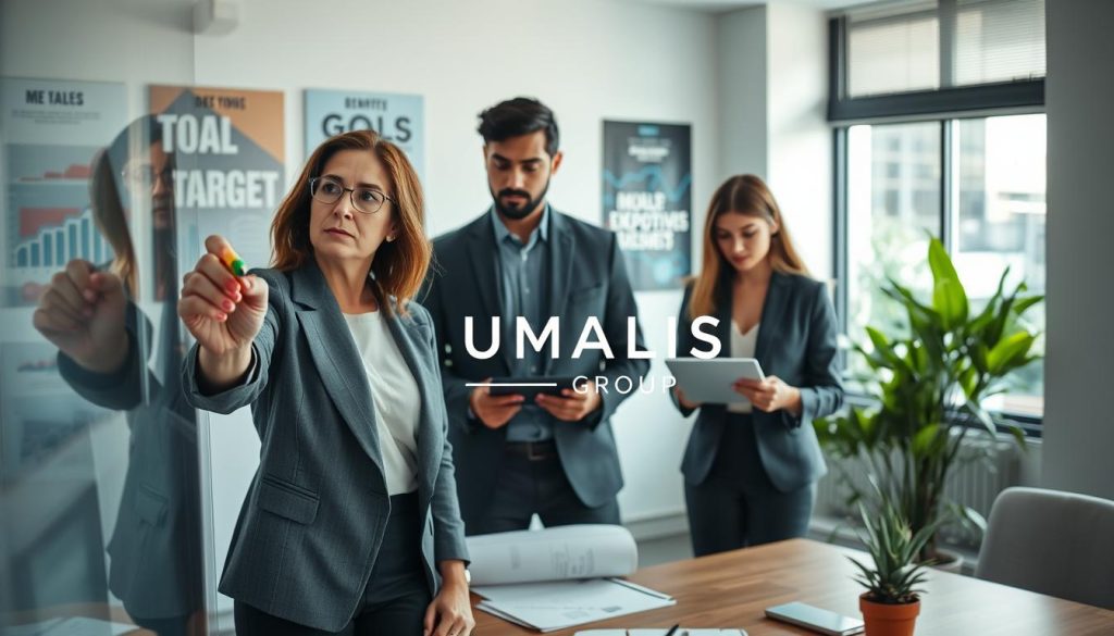 A professional workspace depicting a diverse group of individuals actively engaged in a strategic planning session. In the foreground, a middle-aged woman in business attire is writing on a glass whiteboard, outlining goals with colorful markers. To her side, a younger man in a smart casual outfit is analyzing charts on a tablet, while a woman in professional attire is taking notes, focused and attentive. In the background, a modern office setting features motivational posters on the walls, a large window with natural light pouring in, and indoor plants that add a touch of greenery. The mood is collaborative and energetic, emphasizing teamwork and ambition. The scene conveys the essence of identifying targets and setting clear objectives, with the elegant logo of UMALIS GROUP subtly placed on the whiteboard. A professional workspace depicting a diverse group of individuals actively engaged in a strategic planning session. In the foreground, a middle-aged woman in business attire is writing on a glass whiteboard, outlining goals with colorful markers. To her side, a younger man in a smart casual outfit is analyzing charts on a tablet, while a woman in professional attire is taking notes, focused and attentive. In the background, a modern office setting features motivational posters on the walls, a large window with natural light pouring in, and indoor plants that add a touch of greenery. The mood is collaborative and energetic, emphasizing teamwork and ambition. The scene conveys the essence of identifying targets and setting clear objectives, with the elegant logo of UMALIS GROUP subtly placed on the whiteboard.