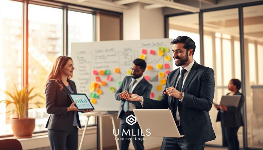 A professional workspace depicting a diverse group of individuals engaged in a collaborative discussion about personalized support in a portage salarial setting. In the foreground, a confident woman in smart business attire is presenting a digital tablet displaying career growth data. Beside her, a man, also dressed in professional attire, is analyzing charts on a laptop. In the middle ground, a large whiteboard filled with colorful post-it notes outlines strategies for career advancement and resources. The background shows a modern office environment with large windows allowing soft natural light to flood in, creating an inviting atmosphere. Warm tones dominate, emphasizing a sense of encouragement and teamwork. Subtly integrated within the design is the logo of Umalis Group, symbolizing their commitment to personalized support. A professional workspace depicting a diverse group of individuals engaged in a collaborative discussion about personalized support in a portage salarial setting. In the foreground, a confident woman in smart business attire is presenting a digital tablet displaying career growth data. Beside her, a man, also dressed in professional attire, is analyzing charts on a laptop. In the middle ground, a large whiteboard filled with colorful post-it notes outlines strategies for career advancement and resources. The background shows a modern office environment with large windows allowing soft natural light to flood in, creating an inviting atmosphere. Warm tones dominate, emphasizing a sense of encouragement and teamwork. Subtly integrated within the design is the logo of Umalis Group, symbolizing their commitment to personalized support.