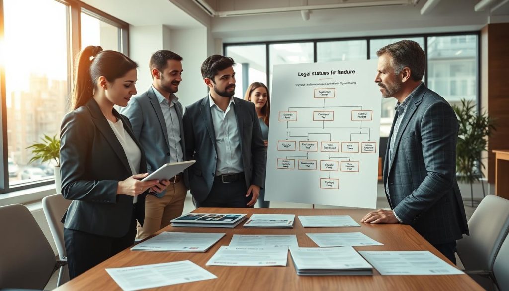 A professional workspace depicting a diverse group of individuals engaged in discussions about various legal structures. In the foreground, a young woman in smart business attire takes notes on a digital tablet, while a middle-aged man gestures towards an illustrated flowchart detailing legal statuses for freelancers. In the middle, a large table is covered with paperwork, including contracts and brochures labeled “UMALIS GROUP.” The background features a modern office with large windows allowing soft natural light to fill the room, creating a bright and optimistic atmosphere. The color palette is warm and inviting, promoting a sense of collaboration and professionalism. The scene captures the essence of making informed decisions about choosing the appropriate legal status for freelance work.