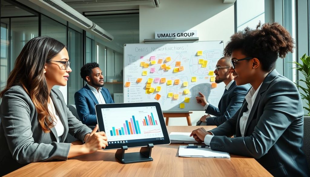 A professional workspace depicting a networking scene focused on defining goals and evaluating connections. In the foreground, a diverse group of three professionals, dressed in business attire, are engaged in discussion, with a digital tablet displaying graphs and charts that symbolize objective metrics. In the middle ground, a large whiteboard filled with colorful sticky notes and mind maps outlines strategies and goals related to networking. The background features a modern office setting with large windows allowing natural light to pour in, casting soft shadows. The mood is collaborative and dynamic, evoking a sense of innovation and motivation. Incorporate the brand name "UMALIS GROUP" subtly within the environment, like a logo on a wall or company materials. Use a slightly elevated angle to capture the scene comprehensively, ensuring clarity and focus on the participants.