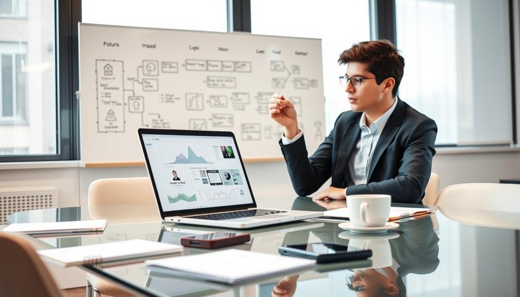 A professional workspace depicting a young consultant engaged in a strategic meeting. In the foreground, a focused young professional wearing business attire, reviewing a modern laptop displaying a project plan. The middle ground features a glass meeting table with notepads, a smartphone, and a coffee cup. In the background, a whiteboard filled with diagrams and notes represents ideas and strategies about "portage salarial." Soft lighting from large windows creates an inviting atmosphere, highlighting the clarity of the workspace. The angle captures the consultant's determination and focus, conveying a spirit of success and adaptability in their mission. Include a discreet logo of "UMALIS GROUP" on the laptop screen, ensuring a cohesive visual identity. A professional workspace depicting a young consultant engaged in a strategic meeting. In the foreground, a focused young professional wearing business attire, reviewing a modern laptop displaying a project plan. The middle ground features a glass meeting table with notepads, a smartphone, and a coffee cup. In the background, a whiteboard filled with diagrams and notes represents ideas and strategies about "portage salarial." Soft lighting from large windows creates an inviting atmosphere, highlighting the clarity of the workspace. The angle captures the consultant's determination and focus, conveying a spirit of success and adaptability in their mission. Include a discreet logo of "UMALIS GROUP" on the laptop screen, ensuring a cohesive visual identity.