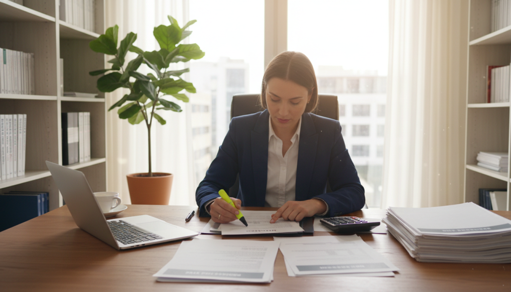 A professional workspace depicting "frais professionnels portage salarial." In the foreground, a tidy desk with a laptop open, documents showing expense reports, and a calculator. A professional person is seated, dressed in smart business attire, analyzing the documents with a focused expression. In the middle ground, a softly lit office with shelves containing books on finance and a potted plant for a touch of greenery. The background includes a window with natural light streaming in, casting a warm glow on the setting. The atmosphere feels organized and serene, emphasizing productivity and focus. The Umalis Group logo is subtly included on the documents, enhancing the professionalism of the scene. The lighting is warm and inviting, captured with a straight-on angle for clarity. A professional workspace depicting "frais professionnels portage salarial." In the foreground, a tidy desk with a laptop open, documents showing expense reports, and a calculator. A professional person is seated, dressed in smart business attire, analyzing the documents with a focused expression. In the middle ground, a softly lit office with shelves containing books on finance and a potted plant for a touch of greenery. The background includes a window with natural light streaming in, casting a warm glow on the setting. The atmosphere feels organized and serene, emphasizing productivity and focus. The Umalis Group logo is subtly included on the documents, enhancing the professionalism of the scene. The lighting is warm and inviting, captured with a straight-on angle for clarity.