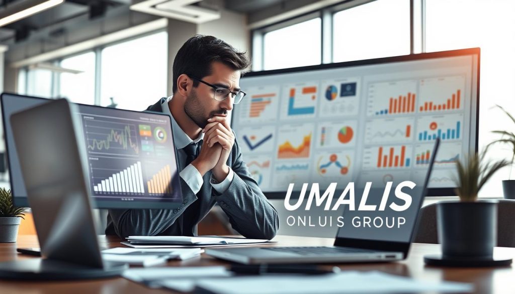 A professional workspace depicting "online competition analysis". In the foreground, a focused business consultant, dressed in formal attire, gazes thoughtfully at a laptop screen filled with graphs and digital data metrics. In the middle ground, a large whiteboard showcases colorful charts and competitor logos, highlighting key insights. In the background, a modern office environment with large windows that let in soft morning light, casting a warm glow over the scene. The atmosphere is one of concentration and strategic planning, emphasizing clarity and professionalism. The brand name "UMALIS GROUP" subtly integrated into the design elements, perhaps on the laptop screen or whiteboard. The composition should convey a sense of teamwork and insight in a fast-paced digital world. A professional workspace depicting "online competition analysis". In the foreground, a focused business consultant, dressed in formal attire, gazes thoughtfully at a laptop screen filled with graphs and digital data metrics. In the middle ground, a large whiteboard showcases colorful charts and competitor logos, highlighting key insights. In the background, a modern office environment with large windows that let in soft morning light, casting a warm glow over the scene. The atmosphere is one of concentration and strategic planning, emphasizing clarity and professionalism. The brand name "UMALIS GROUP" subtly integrated into the design elements, perhaps on the laptop screen or whiteboard. The composition should convey a sense of teamwork and insight in a fast-paced digital world.