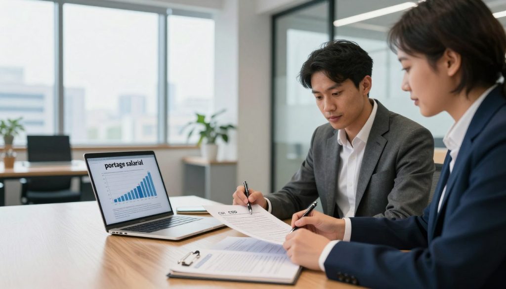 A professional workspace depicting "portage salarial." In the foreground, a diverse group of three individuals in business attire (two men and one woman) are engaged in a discussion, examining contracts on a sleek wooden table, pens in hand. The middle area features a modern laptop displaying financial graphs and a notepad with handwritten notes. The background shows a bright office with large windows, allowing natural light to fill the space, with a city skyline visible outside. Soft ambient lighting creates a welcoming atmosphere. The composition should feel collaborative and focused, symbolizing the choice between CDI and CDD contracts in a portage salarial setting, with a slight depth of field effect to emphasize the foreground conversation.