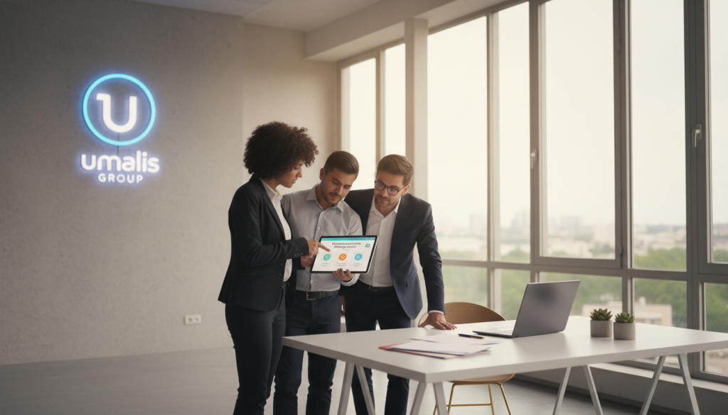 A professional workspace depicting the "Processus Inscription Portage Salarial Jump" with a modern and inviting atmosphere. In the foreground, a diverse group of three individuals in business attire engage in discussion, one pointing to a digital tablet displaying the Jump registration process. In the middle, a sleek, minimalist desk with a laptop and organized documents symbolizes efficient management. The background features large windows allowing natural light to illuminate the room, creating an uplifting mood. Soft focus emphasizes the warmth of a productive environment. Prominently displayed in the scene is the Umalis Group logo on a wall-mounted display, reinforcing brand identity. Use a wide-angle lens perspective to capture a sense of collaboration and success in the freelancing landscape.