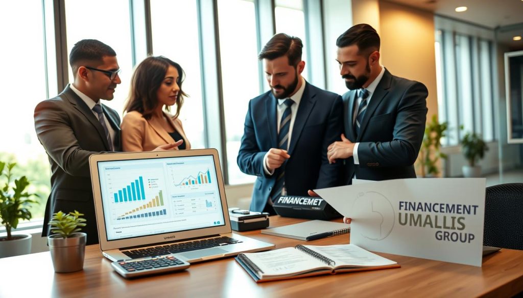 A professional workspace depicting the concept of "financement bilan de compétences." In the foreground, a diverse group of three individuals in smart business attire—two men and one woman—discussing financial documents and digital charts on a laptop. The middle ground features a well-organized desk with a laptop displaying the Umalis Group logo, a calculator, and a notepad filled with notes on financing options like CPF. The background shows a bright, modern office with large windows allowing natural light to stream in, creating an inviting atmosphere. Warm tones and soft lighting enhance the professional mood, emphasizing collaboration and financial empowerment in skill assessment. A professional workspace depicting the concept of "financement bilan de compétences." In the foreground, a diverse group of three individuals in smart business attire—two men and one woman—discussing financial documents and digital charts on a laptop. The middle ground features a well-organized desk with a laptop displaying the Umalis Group logo, a calculator, and a notepad filled with notes on financing options like CPF. The background shows a bright, modern office with large windows allowing natural light to stream in, creating an inviting atmosphere. Warm tones and soft lighting enhance the professional mood, emphasizing collaboration and financial empowerment in skill assessment.