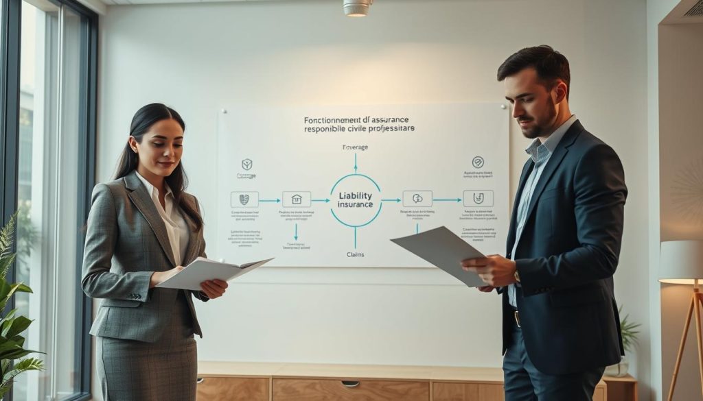 A professional workspace depicting the concept of "fonctionnement assurance responsabilité civile professionnelle." In the foreground, a confident businesswoman in professional attire reviews documents alongside a focused businessman in smart casual clothing, symbolizing collaboration. In the middle ground, a large diagram illustrating the flow of liability insurance processes hangs on the wall, with clear icons for coverage, claims, and protection, annotated in a minimalistic style. The background features a modern office setting with large windows, soft natural light flooding the room, creating a warm atmosphere. A logo of "UMALIS GROUP" subtly integrated into the office decor. The mood is professional and informative, ideal for a guide on independent professionals and liability insurance.